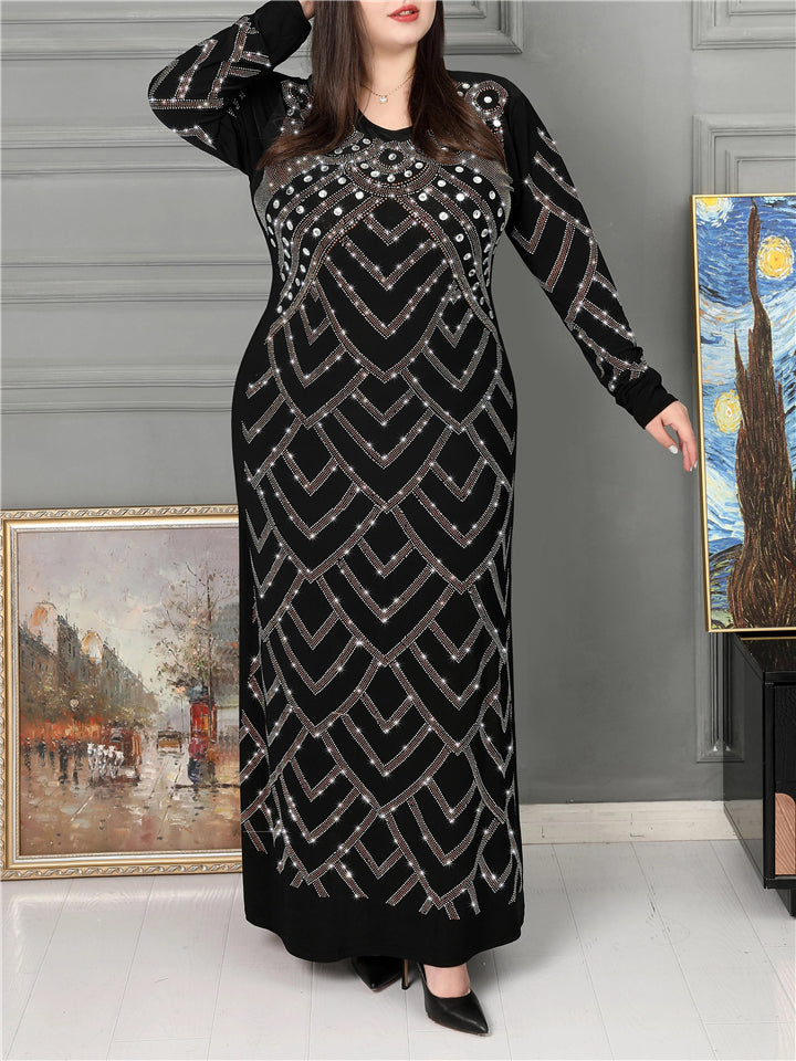 Black Round Neck Geometric Rhinestones Decorated Dress