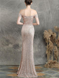 Gorgeous Off the Shoulder High Slit Sequin Evening Gown Dress