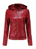 Women's Cool Hooded PU Leather Jacket with Warm Lining