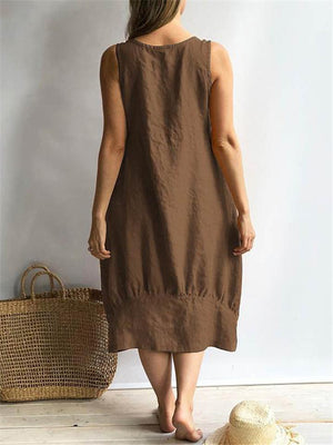 Relaxed Fit Scoop Neck Sleeveless Solid Color Linen Midi Length Dress
