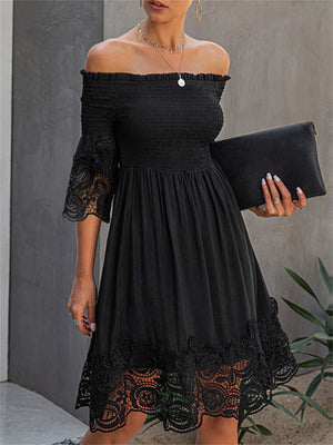 Linen Elegant Off Shoulder Lace Solid Black Dresses For Ladies