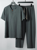 Solid Color Lightweight 2-Piece Outfit Button T-Shirt + Drawstring Waistband Cropped Pants