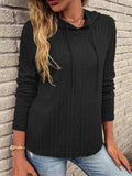Female Solid Color Knitted Threaded Bar Drawstring Hoodies