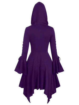 Button Hooded Asymmetric Hem Bell Long Sleeve Cloak Dress