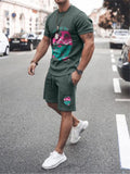 Mens Comfy Printed Cotton 2 Piece Sets Short Sleeve T-Shirts+Shorts