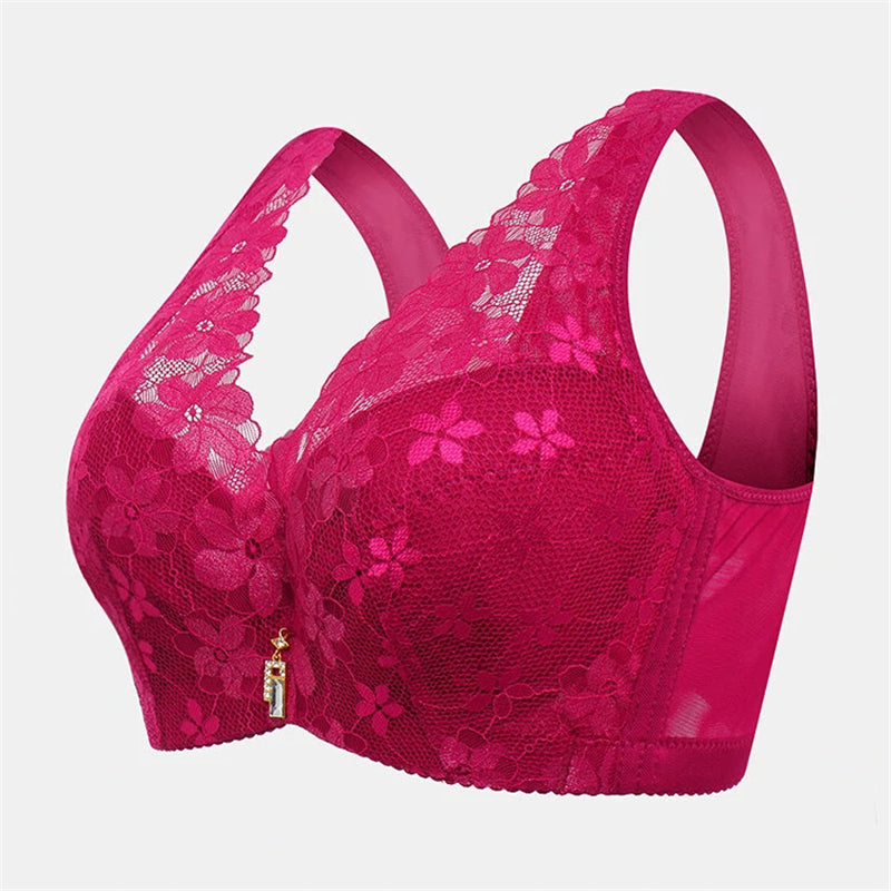 Women's Floral Lace Push Up Gather Bras - Wine Red