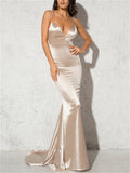 New Elegant Sexy Backless Satin Strappy Deep V Neck Floor Length Evening Dresses