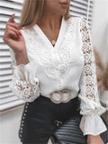 Ladies Elegant White Lace Patchwork Hollow Out Long Sleeve Blouses