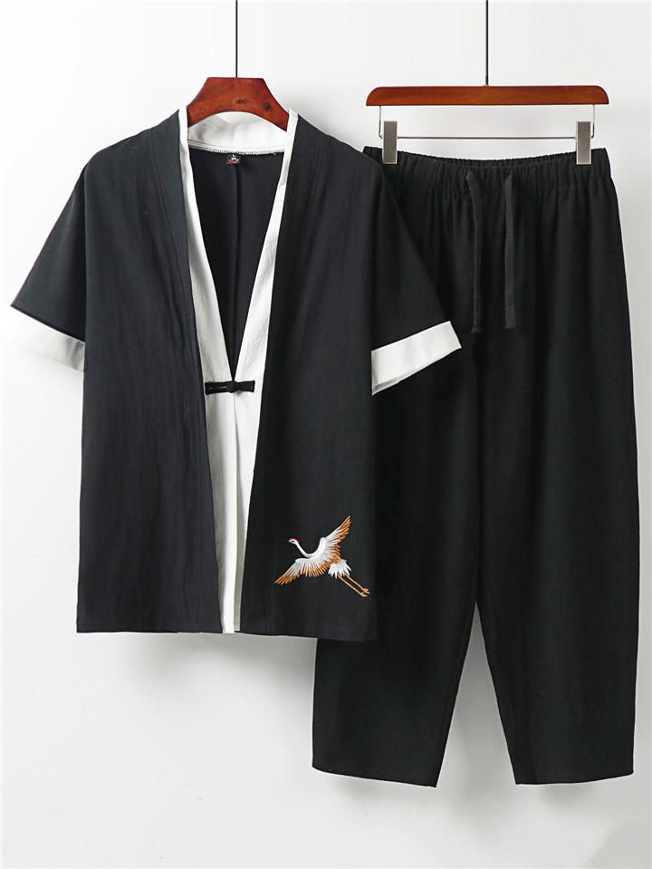 Comfy Embroidery Linen 2-Piece Contrast Color Shirt + Drawstring Full-Length Pants
