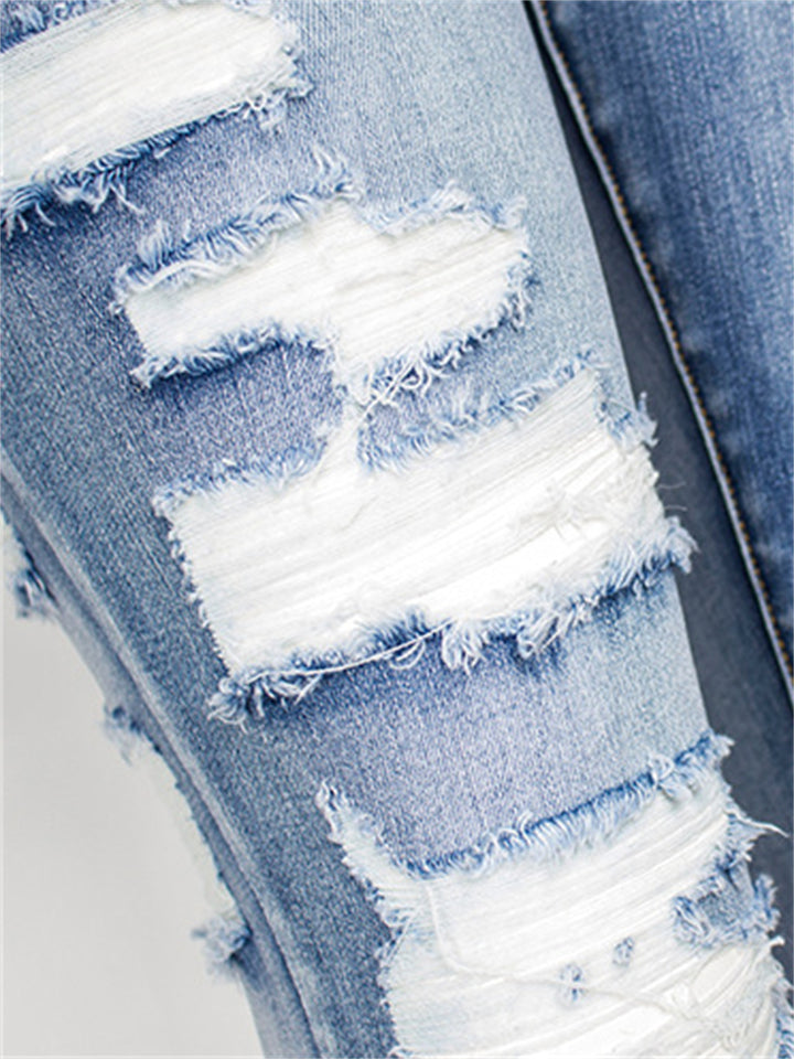Women's Street Style Fashion Slim Fit Solid Color Ripped Denim Jeans