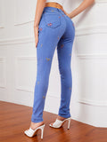 Campus Style Lovely Small Floral Embroidery Slim Fit Blue Denim Jeans