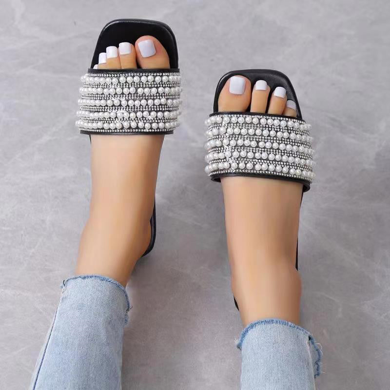 Women's Spring Large Size Artificial Pearl Casual Slippers
