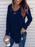 Women's Casual Solid Color Lace-up Neck Long Sleeve Tops