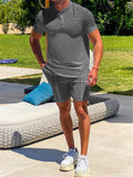Slim Fit Leisure Henley Short-sleeved 2 Pieces Sets for Men