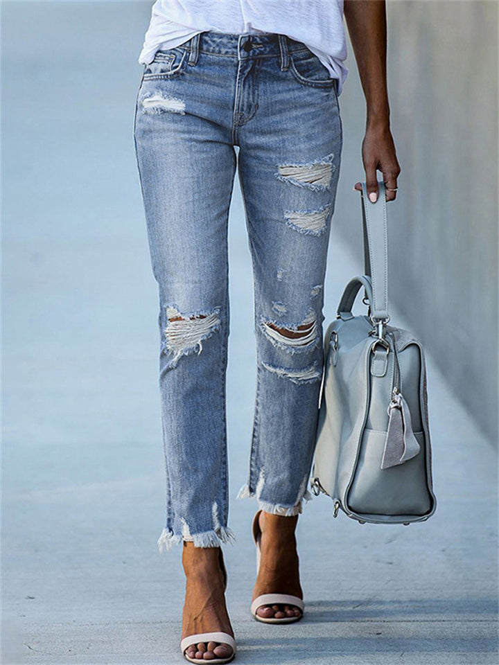 Women's Casual Cozy Elastic Denim Ripped Jeans