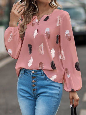 Women's Feathers Printed V Neck Puff Sleeve Chiffon Blouses