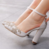 Female Gorgeous Rhinestone White Chunky High Heels Wedding Pumps