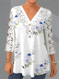 V-Neck Floral Printed Lace 3/4 Sleeve Blouses