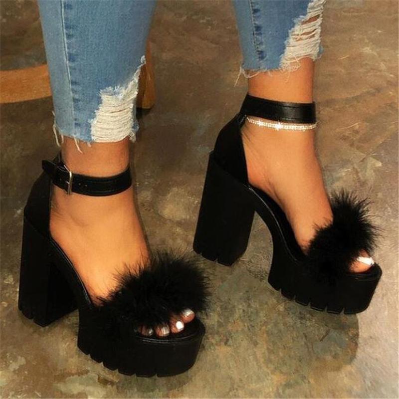 Buckle-Fastening Strap Block Heel High Platform Fur Sandals