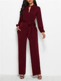 Fashion Minimalist Solid Color Long Sleeve Lace-up Waist Jumpsuits