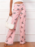 Women's Super Cute Butterfly Print Soft Loose Pink Denim Jeans