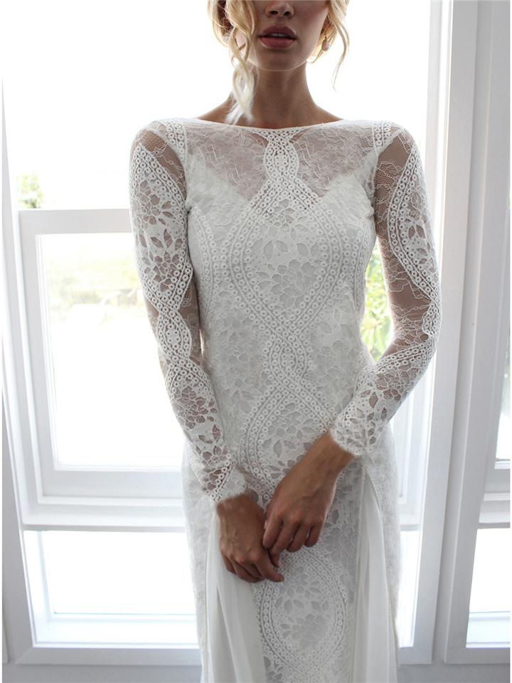 Flattering Floral Lace Backless Sweep Train Dress for Wedding