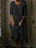 Relaxed Fit Round Neck Half Sleeve Solid Color Pullover Flare Dress