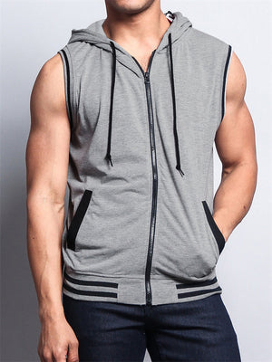 Sporty Loose Zip Up Sleeveless Training Muscle Hooded Vest for Men