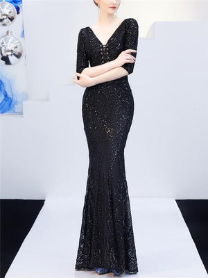 Shimmering Sequined Backless Front Lace Up Tulle Dress for Evening Party
