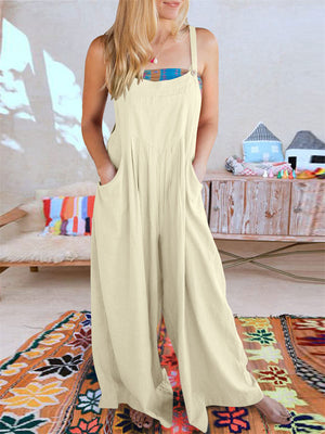 Summer Female Plus Size Solid Color Suspender Jumpsuits with Pockets