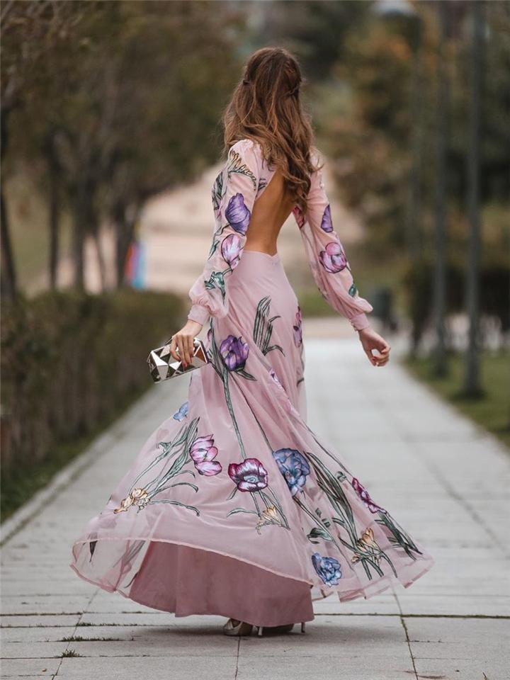 Pink Floral Backless Chiffon Maxi Dress