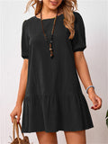 Linen Cotton Round Neck Pullover Solid Elastic Waist Female Dresses