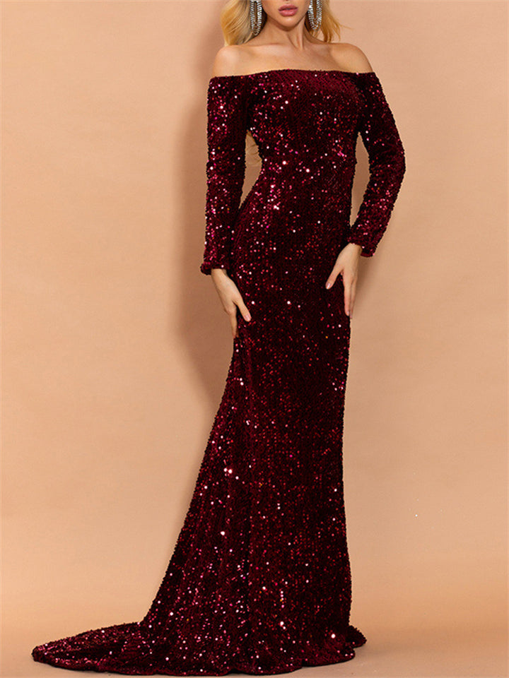 Fashion Elegant Sexy Off Shoulder Shimmery Evening Dresses For Women