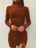 Women's Graceful High-Necked Fashion Long Sleeve Solid Color Drawstring Tight Dress