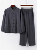 Retro Style Linen 2-Piece Outfit Button Collar Shirt + Full-Length Elastic Waistband Pants
