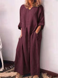 Oversized Long Sleeve Solid Color Pocket Linen Maxi Dress