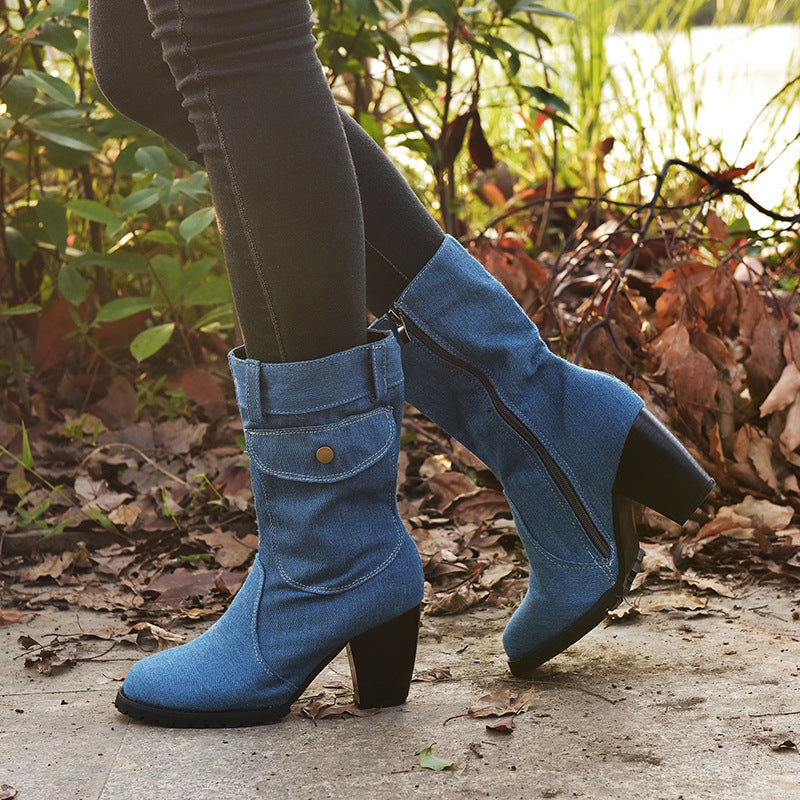 Women's Stylish High Heeled Denim Ankle Boots