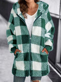 Women's Classic Plaid Zip Up Hooded Plush Jackets with Pockets