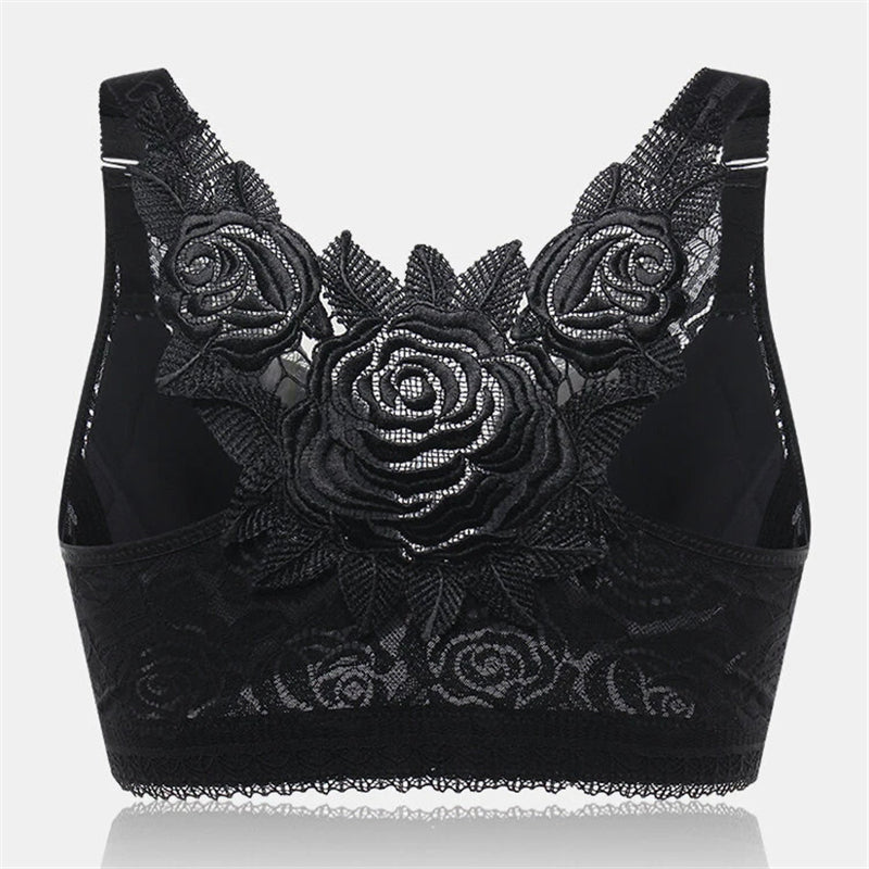 Rose Embroidery Back Front Closure Lace Bras - Black