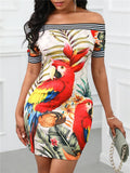 Fashionable Off Shoulder Floral Printed Short Sleeve Bodycon Mini Dress