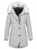 Comfortable Zipper Button Pocket Fur Collar Hooded Padded Coat