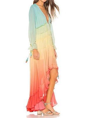 Women's V-Neck Gradient Color Elegant Maxi Dress