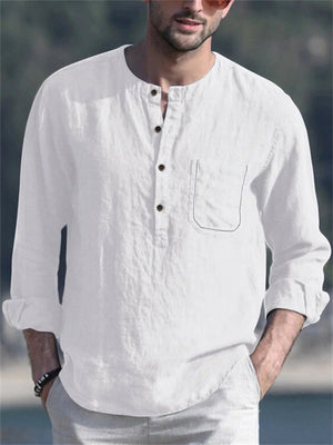 Men's Super Soft Cotton Linen Casual Round Neck Long Sleeve Shirts