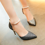 Female Metal White Pearl Chain Pointed Toe Shining Stiletto