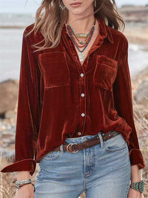 Autumn Retro Long Sleeve Button Down Velvet Shirts for Women