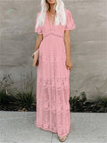 Women's V-Neck Solid Color Long Sleeve Lace Dress
