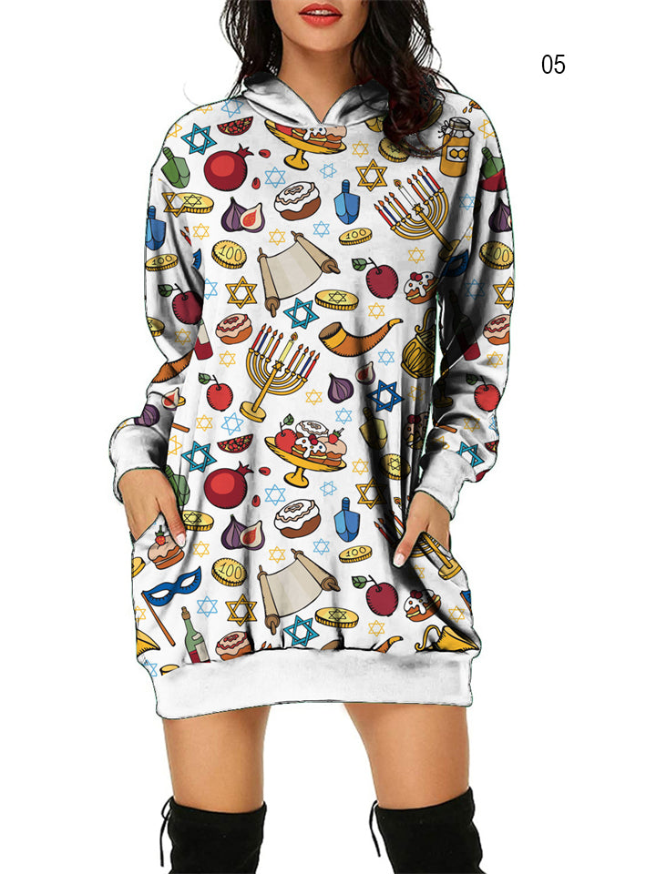Ladies Fashion Candlestick Cartoon Printed Pullover Pocket Hoodie Dress