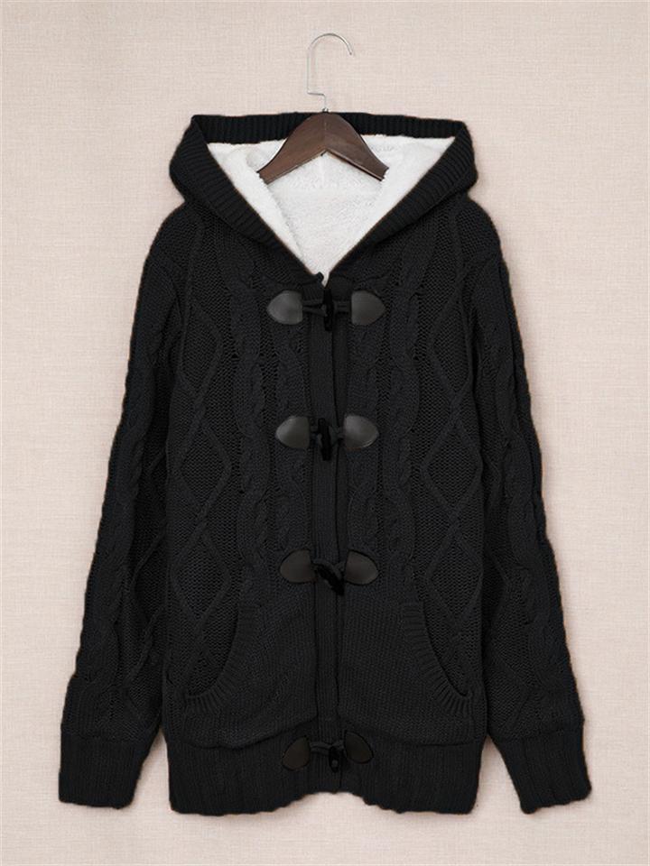 Women's Fashion Twisted Horn Button Knitted Hooded Sweater Coat
