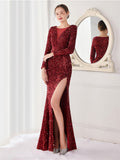 Graceful Long Sleeve Solid Color Sequins Fishtail Split Evening Dresses