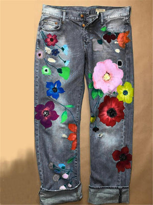 Washed Effect Floral Mom Jeans